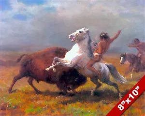 THE LAST BUFFALO HUNTING NATIVE AMERICAN INDIANS PAINTING ART REAL CANVAS PRINT - Picture 1 of 5