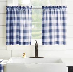 Farmhouse buffalo check kitchen/bathroom curtains 30x36 black or navy - Picture 1 of 6
