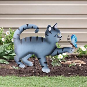 Gray Tabby Cat Kitten w/ Butterfly Metal Garden Stake Outdoor Yard Garden Decor