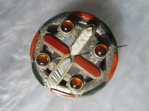 ANTIQUE 1860s SCOTTISH CELTIC AGATE CITRINE STERLING SILVER PENDANT / BROOCH 2" - Picture 1 of 17