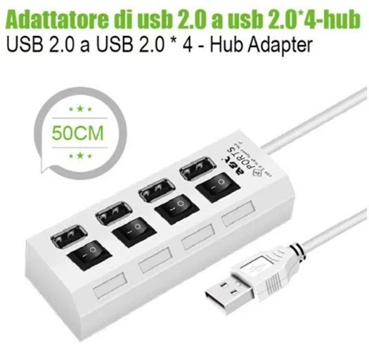 HUB USB 2.0 INTERFACCIA 4 PORTE DI ESPANSIONE MULTIPLA ESTERNO INTERRUTTORE - Immagine 1 di 1