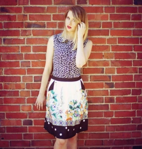 SAMPLE SALE S FROCK SHOP Retro Floral Polkadot Pleated Skirt w Pockets White - Picture 1 of 6