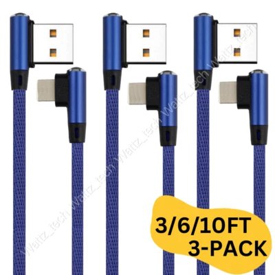 3 Pack 3/6/10Ft 90 Degree Angle Charger USB Charging Cable For iPhone 13 12 11 8 - Image 1 of 4