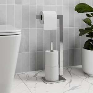 Freestanding Toilet Roll Holder Bathroom Modern WC Square Floor Chrome Storage - Picture 1 of 8