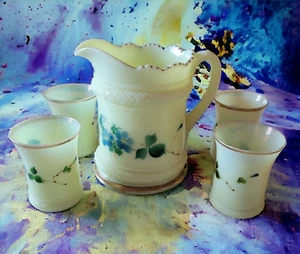 Antiker Heisey Ring Band Pudding Glas Krug & 4 Tassen selten blauer Hibiskus UV - Bild 1 von 21