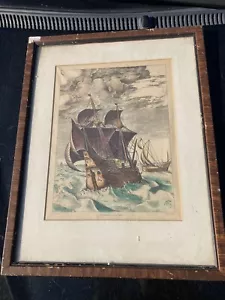 Antique Ship Lithograph Hand Colored Framed & Matted Early 20th C. 18x15” - Picture 1 of 3