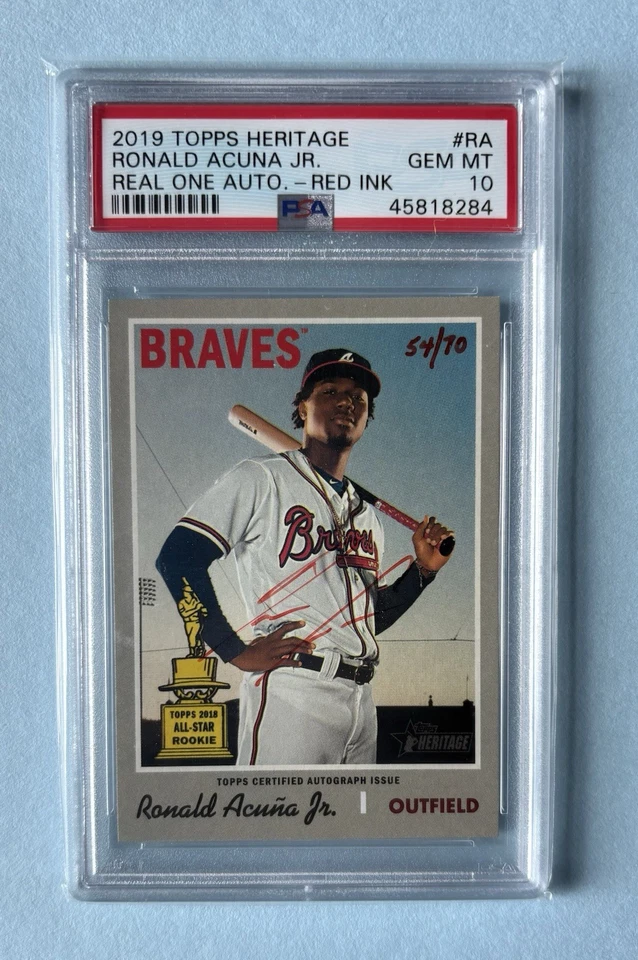 PSA 10 2019 Topps Heritage Ronald Acuna Braves Real One Red Ink Auto /70 - Image 1 of 2