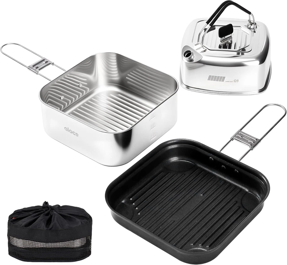Juego de utensilios de cocina de camping ALOCS, olla de acero inoxidable, sartén antiadherente de 7 pulgadas, portátil  Foto 1 de 4
