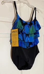 NWT Robby Len By Longitude One Piece Slimming Black Layered Swimsuit Women’s 10 - Picture 1 of 15