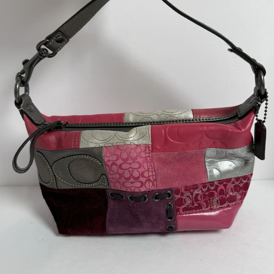 Bolso de Hombro Coach Signature Patchwork Rosa Y2K Cuero Lona Gamuza Foto 1 de 4