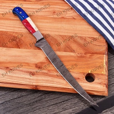 EH KNIVES 13'' Handmade Damascus Steel Super Sharp Kitchen Fish Fillet Knife with Sheath