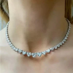 12CT Heart Cut Lab-Created Diamond Women Tennis Necklace 14K White Gold Plated - Picture 1 of 4