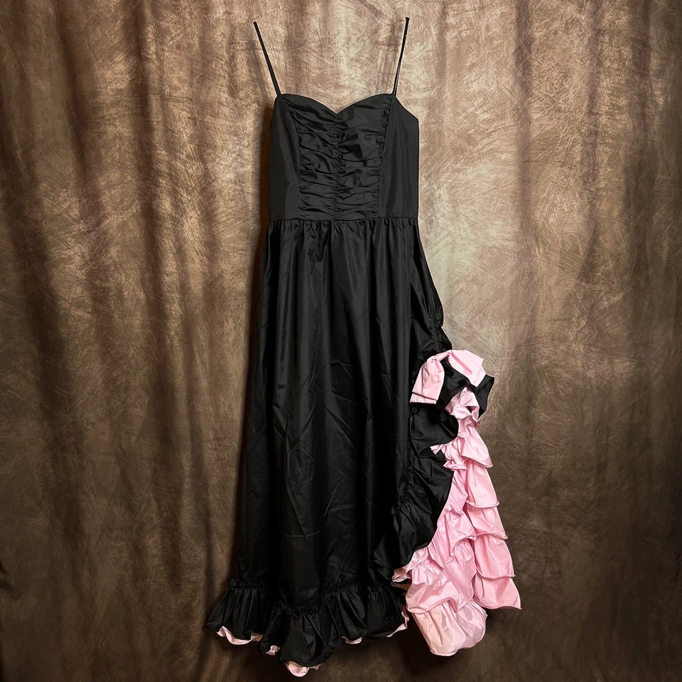Vintage 80s JCPenney Ruffled Formal Dress Black Pink Empire Waist Layered Gothic - Image 1 of 4