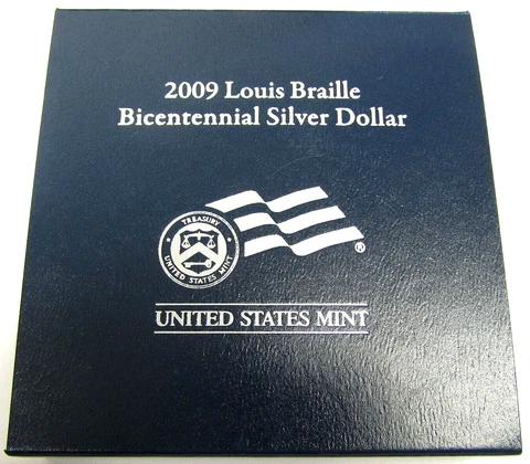 2009 US Mint Louis Braille Bicentennial Proof Silver Dollar In Box/COA Cover
