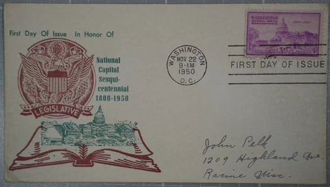 US 1950 FDC, National Capital Sesquicentennial, Washington, 3c Cover