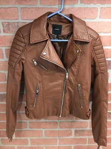 Ladies Forever 21 Brown Faux Leather Jacket Zip Front Pockets Bomber Moto - Picture 1 of 8