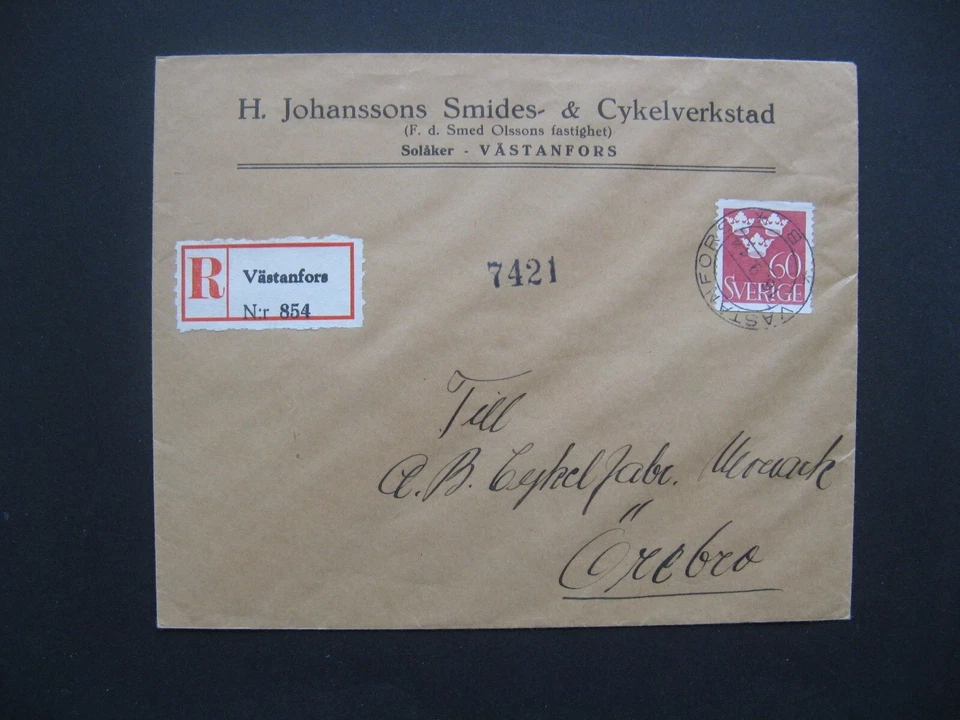 SWEDEN, R-cover  1944, Västanfors, single 0,60 Kr , three crowns tre kronor - Image 1 of 1