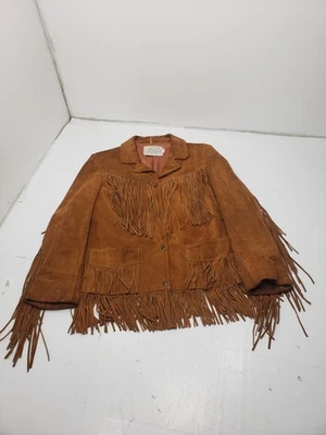 Chaqueta de cuero marrón con flecos borla occidental vintage Lariat talla 14 para adulto Foto 1 de 4