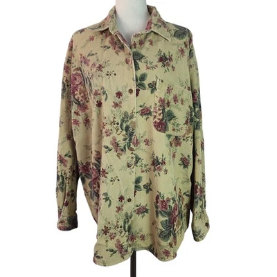 Camisa Top Cazadora Eddie Bauer Crema Rosa Verde Floral Rosas Vintage Pana XL Foto 1 de 4