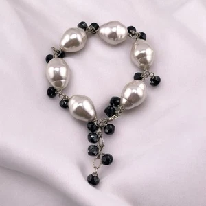 Fashion Statement 925 Sterling Silver Faux Pearl Faceted Bead Links Bracelet 8”+ - Picture 1 of 10