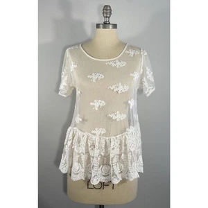 Blusa para mujer KIMCHI AZUL marfil malla transparente bordada dobladillo en capas talla M - Imagen 1 de 10