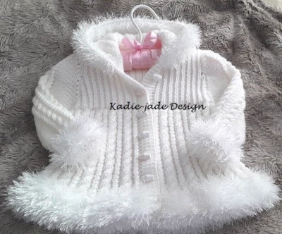 Baby Knitting Pattern #138 - Fur Trimmed Hooded Coat in 2 sizes 9-12m/12-18m - Image 1 of 3