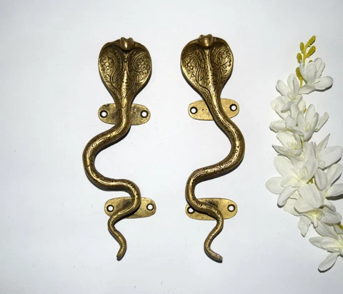Brass Snake Door Handle Pair 8.5'' Inches Cobra Figurine Main Gate Pull EK589 Cover