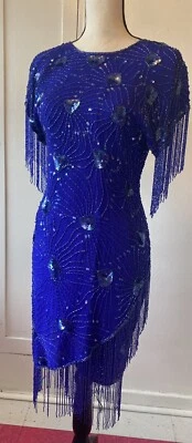 Vestido Stenay Vintage Azul Púrpura Con Cuentas Flecos Lentejuelas Seda Recorte Espalda Pequeño/mediano Foto 1 de 4