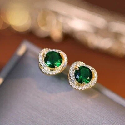 2.00Ct Round Lab Created Green Emerald Halo Stud Earrings 14K Yellow Gold Plated - Image 1 of 4