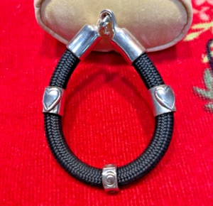 Vintage Black Paracord Bracelet 7 1/2" Long & 3 Metal Bands & Hook Clasp - Picture 1 of 5