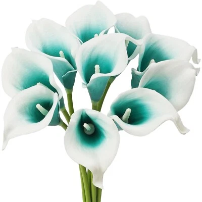 10 Count Teal Blue White Artificial Calla Lily Bouquet - Perfect for Weddings - Image 1 of 4