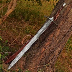 Hand Forged Custom Viking Sword With Leather Sheath Damascus Steel Viking Sword - Picture 1 of 5