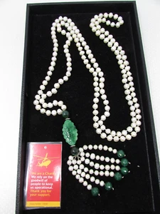 Freshwater Cultured Pearl & Jadite Long Lariate Necklace with Tassel MA9 - Picture 1 of 9