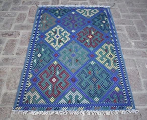 Alfombra pequeña Kilim azul persa Yamut 3'3" x 5' hecha a mano de colección turcomana afgana turcomana turcomana turcomana de 3x5 - Imagen 1 de 10