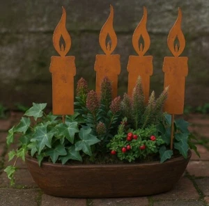 4 Stk Rost Kerze 18cm p401 Metall Flammen Gartendeko Kerzen Dekostecker Kerzen - Bild 1 von 2