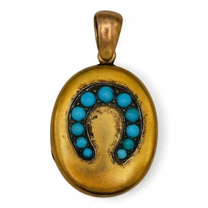 ANTIQUE VICTORIAN HORSESHOE TURQUOISE MOURNING LOCKET PENDANT 18K YELLOW GOLD - Picture 1 of 4