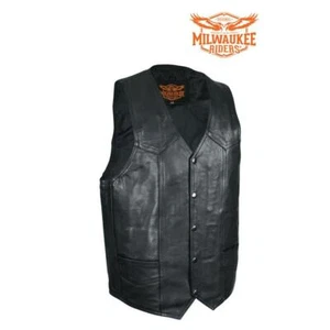 Men's Plain Black Naked Cowhide Leather Vest By Milwaukee Riders® - Picture 1 of 9