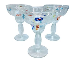 3 Hand Blown Millefiori Margarita Glasses Bubbles Large Mexican Art Fiesta Fiore - Picture 1 of 22