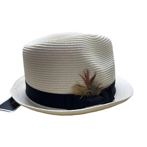 Cappello a secchiello Nine West bianco in paglia Fedora piuma elegante - Foto 1 di 5