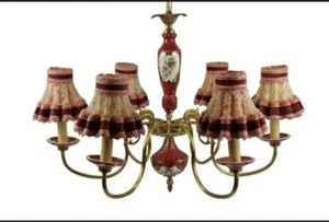 Antique Large Pink Chandelier, Brass Chandelier With Red Ceramic Decoration - Picture 1 of 10