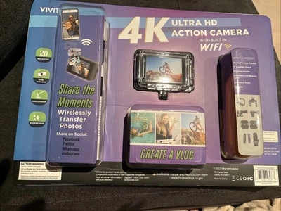 NEW Vivitar 4K Ultra HD Action Camera Bundle WiFi, 2 Screens + 64GB SD GoPro Nip - Image 1 of 2