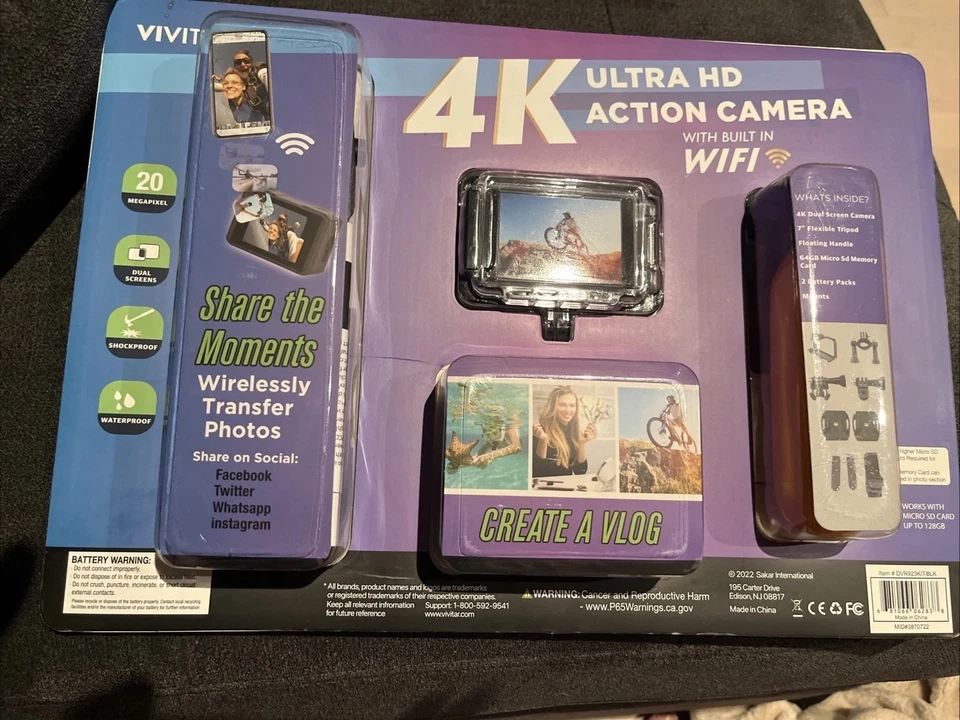 NEW Vivitar 4K Ultra HD Action Camera Bundle WiFi, 2 Screens + 64GB SD GoPro Nip - Image 1 of 2