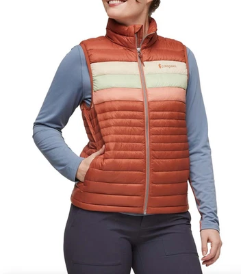 Cotopaxi Fuego Down Vest Women XL Faded Brick Amber Stripes Yellow Puffer - NEW - Image 1 of 4
