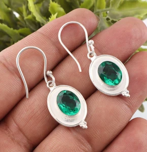 Green Emerald Lab-Created Gemstone Handamde 925 Sterling Silver Jewelry Earring - Picture 1 of 3