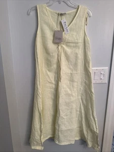 Vestido midi Francesca Bettini para mujer de lino línea A sin mangas amarillo pequeño NUEVO - Imagen 1 de 8