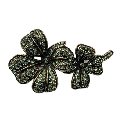 Heidi Daus Brooch Bronze Green Lucky Charm Flower Crystal Rhinestones 2.5" - Image 1 of 4