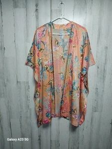 CHICO'S Kimono Oberteil orange Satin Korallenriff Muschelmuster Perlenbesatz Gr. L/XL - Bild 1 von 6