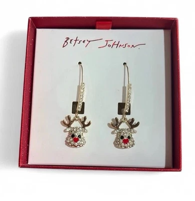 Pendientes colgantes Betsey Johnson reno tono dorado cristal rojo corazón nariz gota Foto 1 de 4