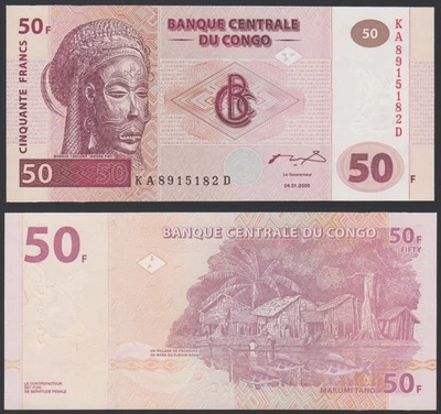 Congo DR 50 francs 2000.01.04. Tshokwe Mwana Pwo Mask P91A HdM Prefix KA-D UNC - Image 1 of 4