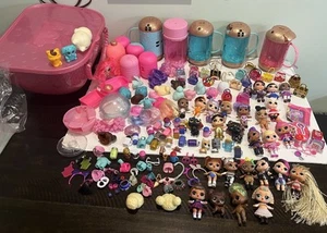 LOL Huge Lot 200+ PCs Mini Doll Pink Case Curly Hair Accessories Pet Purses Wig - Picture 1 of 11